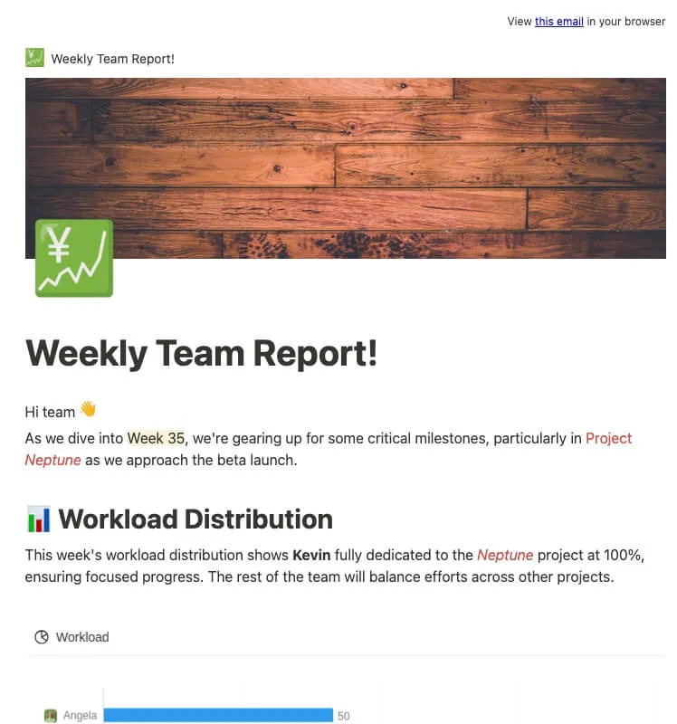Screenshot of a Notion page converted into an email